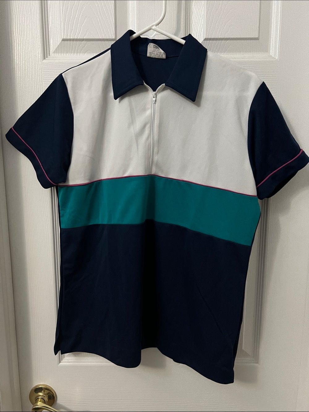 King Louie Colorblock Zip Bowling Shirt- Navy, White & Teal